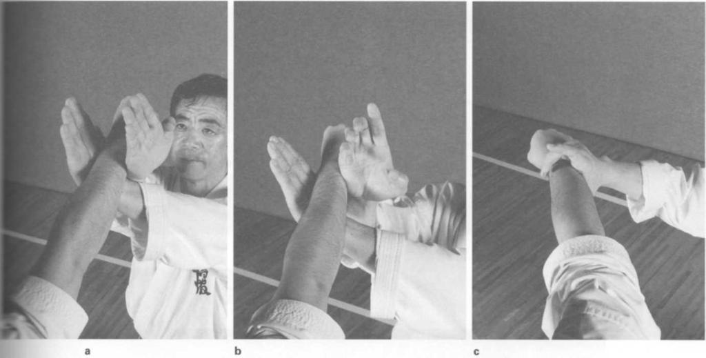 Jodan Oi-Zuki No. 4 (continuazione) a. Dettaglio della posizione delle mani per jodan haishu juji-uke. b.