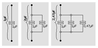 CONDENSATORI IN PARALLELO ED IN SERIE figura 7 - condensatori in parallelo Se occorre una capacità più alta di quella che ci può offrire un solo condensatore, è possibile usare più condensatori