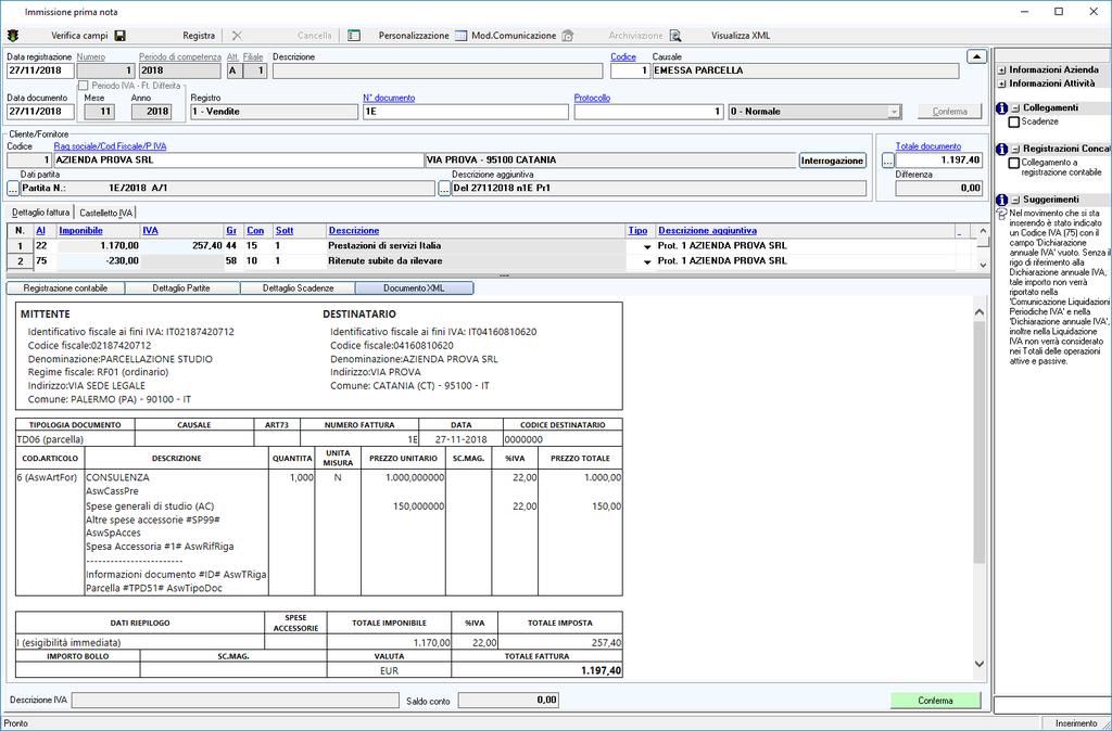 Acquisizione XML Dopo avere completato l impostazione dei dati da utilizzare per la generazione automatica delle registrazioni di prima nota per l azienda selezionata, tramite il pulsante Acquisisci