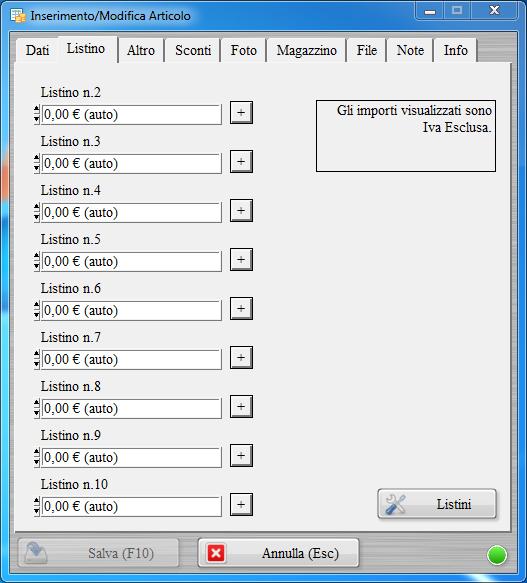 Gestione dei listini. Nella sezione listino è possibile specificare fino a 10 differenti prezzi per l articolo.