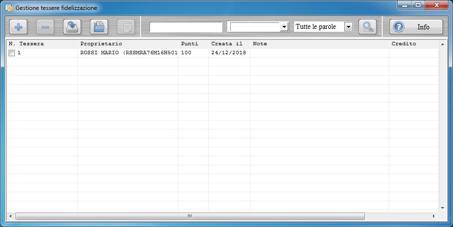 Con la voce del menù Fidelizzazione Gestione tessere si apre la seguente scheda con la quale è possibile visualizzare, inserire e modificare le Fidelity Cards: Nella