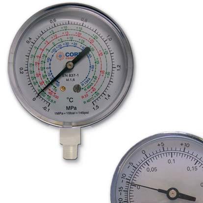38 Pressure gauges R134-404-407-507 C 1/8 NPT - 1/4 SE 1/8 NPT - 1/4 SE R600 1/8 NPT - "Pulse-Free" - ttacco radiale Classe 2,6 Pressure gauges -