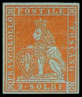 4 2 soldi scarlatto su azzurro Prima data conosciuta: 14 aprile 1851 La rarità del 2 soldi, nuovo,