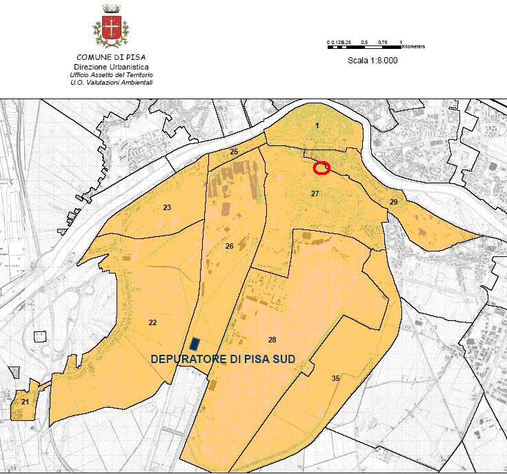 Pericolosità idraulica, acque superficiali e depurazione L area ricade in classe di pericolosità idraulica PI 1 secondo il vigente Piano di Bacino del fiume Arno Piano Stralcio Assetto Idrogeologico