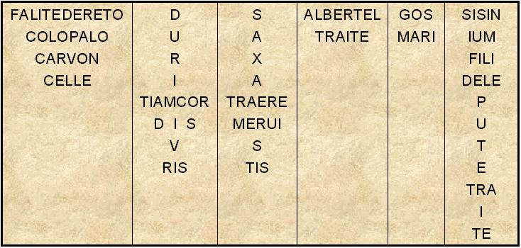 Ecco l intera scritta, coi suoi evidenti volgarismi Nota bene: 1. FALITE < FAC + ILLI + TE 2. DERETO < DE RETRO 3. CO LO PALO < CŬ(M) (IL)LO PALO 4.