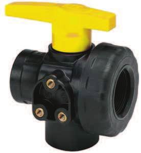 Valvola a sfera a tre vie - T 3-ways ball valve - T - iberglass reinforced polypropylene body for sealing characteristics. chemicals. Viton on - ax operating pressure for sizes up to 1 1/4 16 (3 S).