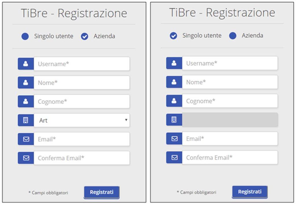 Figura 2 Maschere per la registrazione di singoli utenti e aziende Il doppio inserimento dell indirizzo email consente di ridurre al minimo i possibili errori di battitura da parte