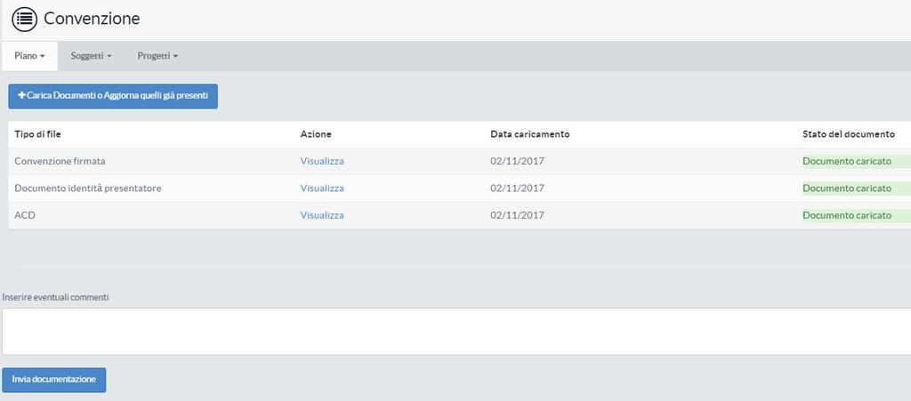 cliccare "invia documentazione" per inviare la documentazione al