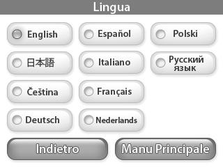 Lingua Premendo il taso Lingua si apre la schermata selezione lingue, da dove è possibile impostare la lingua per il