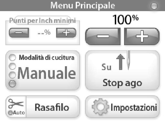 Manual Stitch Mode / Non-Regulated Cucitura in modo Manuale / Non-Regolabile Se selezionato il modo Manual, premendo il pulsante destro "Start" sulla manopola si partirà in cucitura alla velocità in