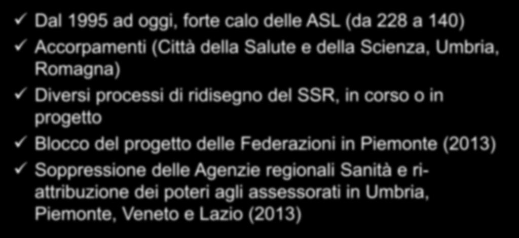 INGEGNERIA ISTITUZIONALE Dal 1995 ad oggi, forte calo delle ASL (da 228 a 140) Accorpamenti (Città della Salute e della Scienza, Umbria, Romagna) Diversi processi di ridisegno del SSR, in corso o in