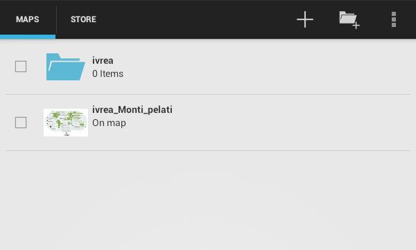 L interfaccia principale su Android Vi sono due schede principali: Maps: si visualizzano le mappe Store: contiene le mappe georeferenziate disponibili sullo store di
