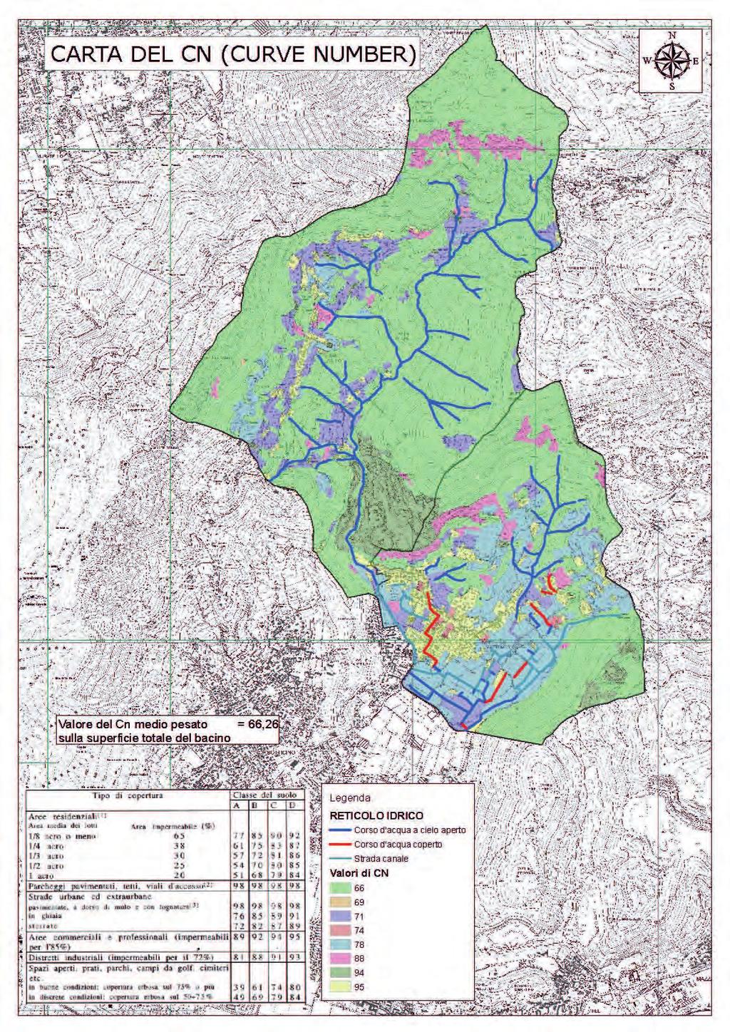 Figura 2: Carta del CN Il parametro CN rappresenta l attitudine di un bacino a produrre deflussi e può assumere valori che variano da 0 a 100 in base alle caratteristiche idrologiche dei suoli, alla