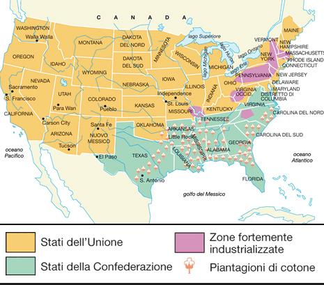 FOTO 2 Carta degli Stati americani dell Unione e della Confederazione Tra le varie zone dello Stato federale che si va formando sono presenti grosse differenze climatiche ed economiche.