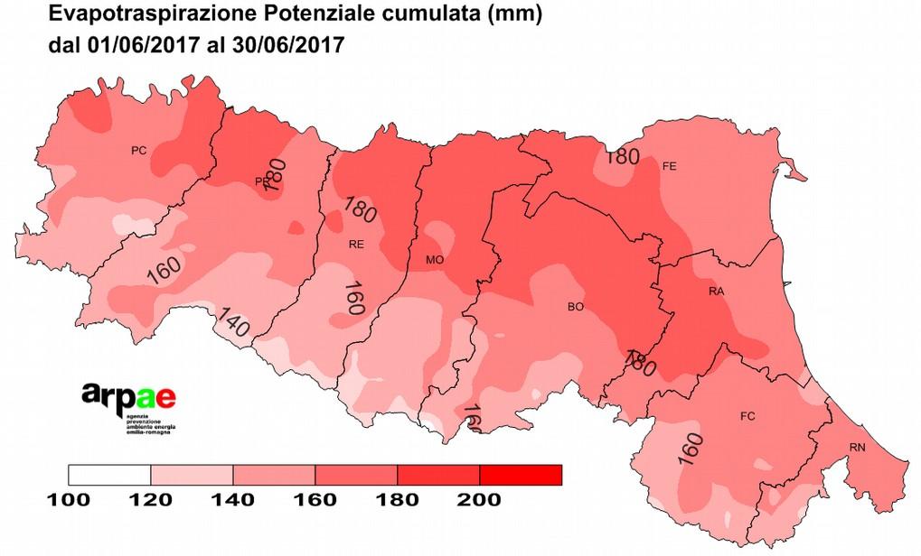 Evapotraspirazione potenziale (ETP) I valori cumulati di ETP risultano, in pianura interna, quasi ovunque superiori a 180 mm La bassa umidità e le elevate temperature massime hanno prodotto consumi