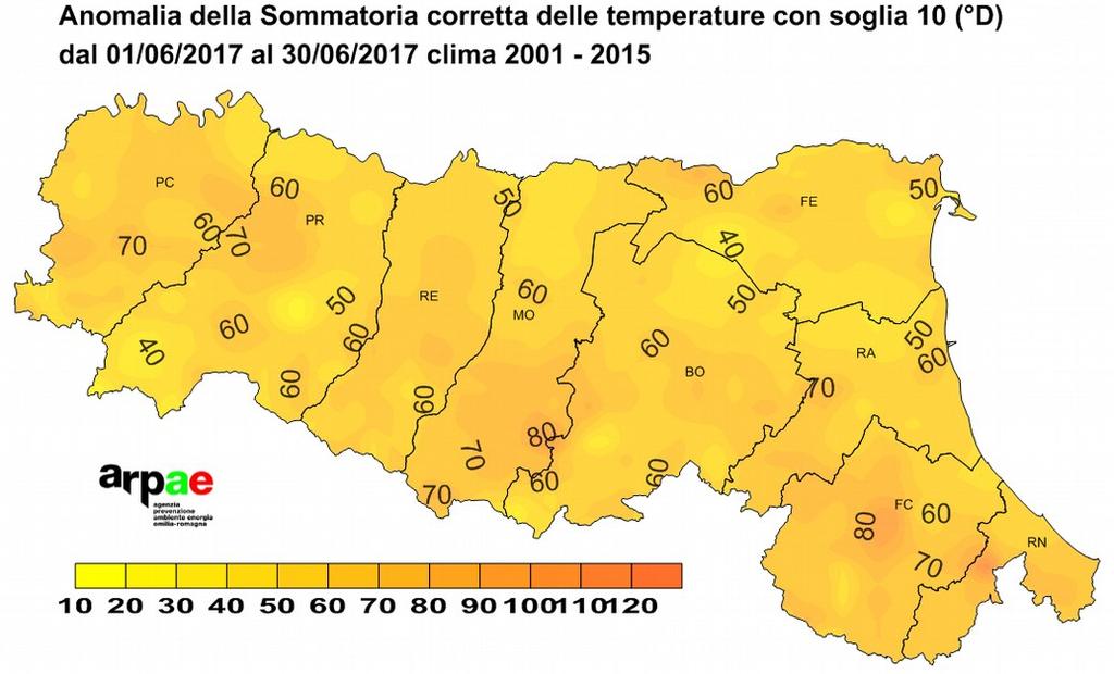 Sommatorie termiche: anomalia rispetto al clima (2001-2015) Soglia 0 C Dal confronto tra le sommatorie termiche del mese con soglia 0 C e quelle del periodo di riferimento si può notare che le