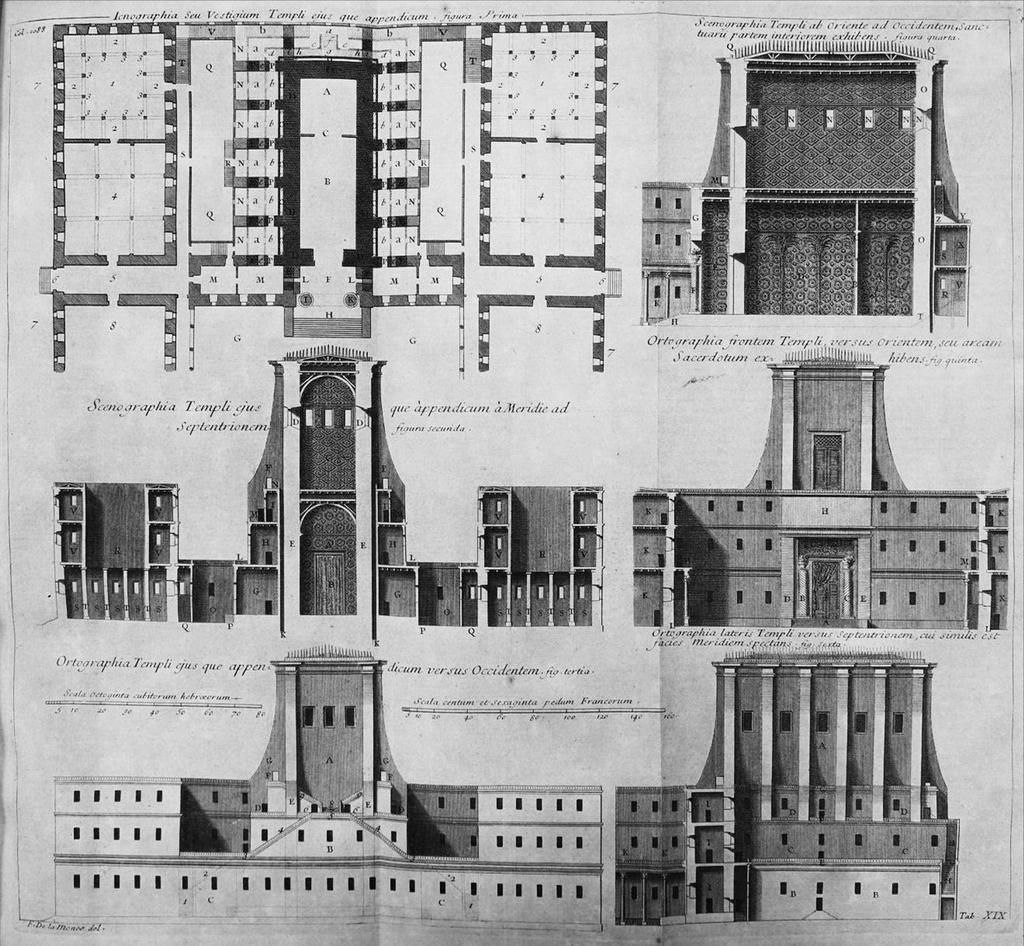 CAP. V ARCHITETTURA E SIMPLICITÉ CHRÉTIENNE 14. F. Delamonce (su disegno di), Pianta, prospetti e sezioni del santuario, bulino e acquaforte. Da B. Lamy, De Tabernaculo Fœderis, D.