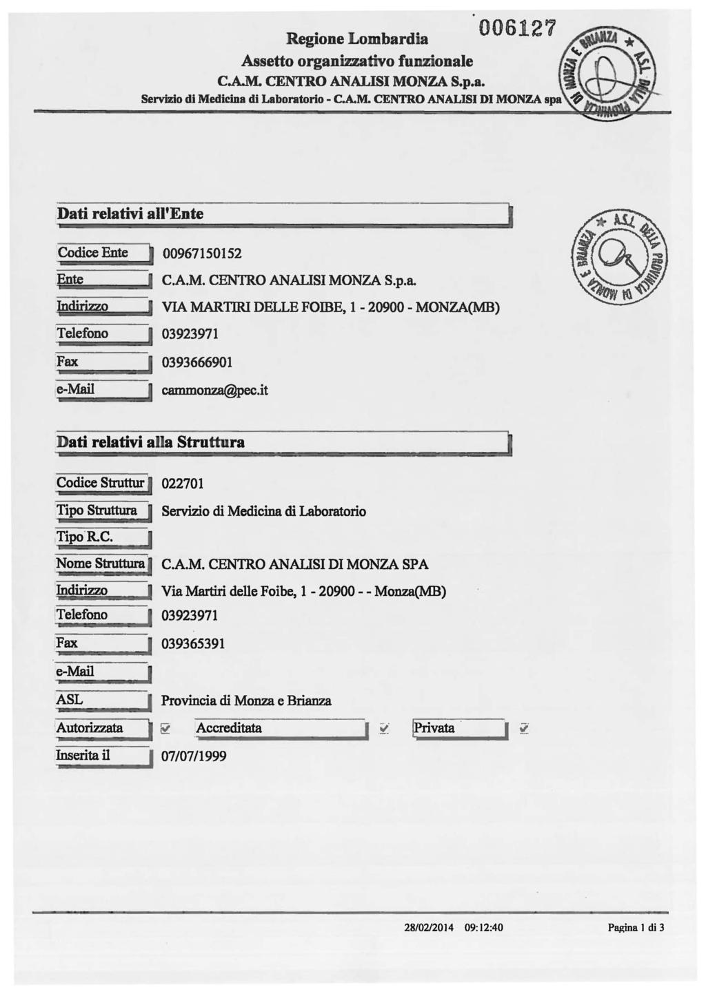 Lombardia Assetto organizzativo funzionale Dati relativi all'ente Codice Ente 00967150152.. En.. te..... C.A.M. CENTRO ANALS MONZA S.p.a. ;; niii dirizzo VA MARTR DELLE FOmE, 1-20900 - MONZA(MB) iii iiiiiiiìi Telefono 03923971 Fax 0393666901 e-mail cammonza@pec.