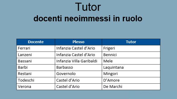 Anche nel corrente anno scolastico sono presenti, nel comprensivo, docenti neo-immessi in ruolo, per i quali è prevista la presenza di docenti-tutor, che li