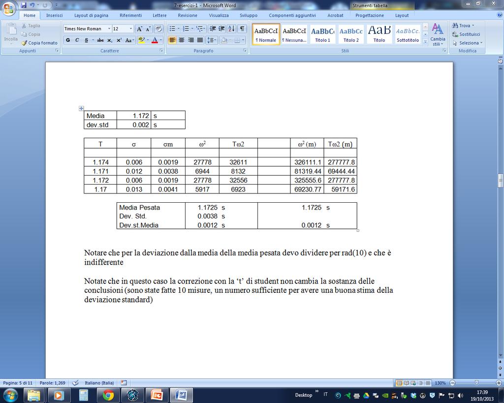 La seconda msura rsulta ncompatble con le altre n uanto valutando la dscrepana d= T -T della stessa da ogn altra e l corrspondente errore md = m + m / rsulta per ogn =345 d/m d >.