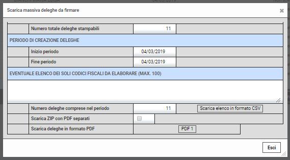 Selezionare il periodo in cui sono state create le deleghe da ristampare oppure inserire i singoli codici