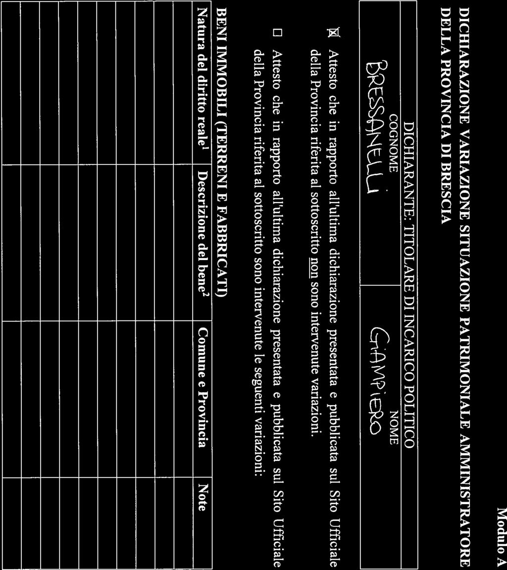 Modulo A DICHIARAZIONE VARIAZIONE SITUAZIONE PATRIMONIALE AMMINISTRATORE DELLA PROVINCIA DI BRESCIA DICHIARANTE: TITOLARE DI incarico POLITICO COGNOME NOME N-\Li Attesto che in rapporto all ultima