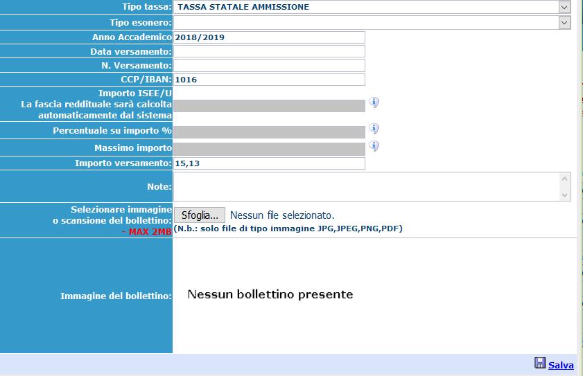 TASSE Dopo aver terminato l'inserimento della parte anagrafica si deve passare all'inserimento delle tasse pagate, senza le quali l'accademia non potrà procedere all iscrizione.