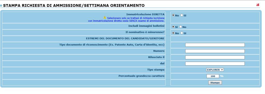 Inserire i dati nel menu di scelta.