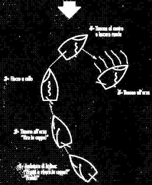2 Tre modi per uscire dalla cappa [1] Rimanendo al traverso (si passa solo il fiocco e si mantiene la rotta regolando le vele) [2] Mettendosi di poppa a farfalla (è sufficiente poggiare di 90, le