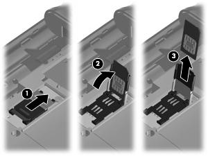 9. Far scorrere verso destra il vassoio dello slot per SIM (1) per rilasciarlo, sollevare il lato sinistro del vassoio e spostarlo verso destra (2), quindi rimuovere la scheda SIM (3). 10.