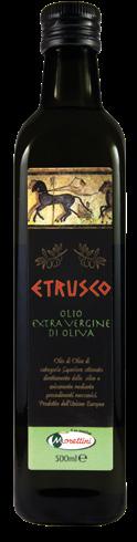 ETRUSCO Extra virgin olive oil Etrusco is an extra virgin olive oil with a light, balanced taste made by carefully blending the finest extra virgin olive oils of the Mediterranean basin.