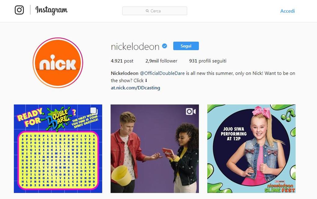con un profilo di grande appeal per gli Advertiser Nickelodeon 50k follower Instagram 73%