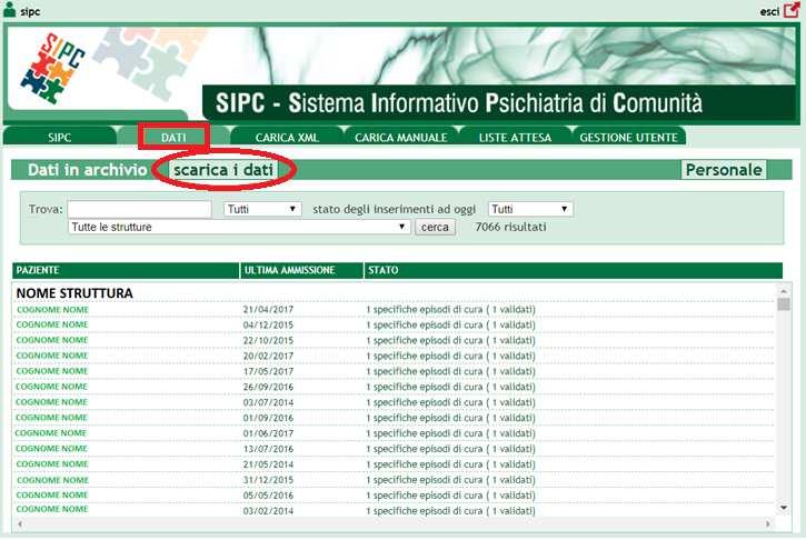 PARTE 4: SCARICARE I DATI INSERITI Nella pagina DATI è presente una funzione che permette di scaricare i dati inseriti nel Sistema: cliccando su scarica dati il SIPC genera un file di Excel che