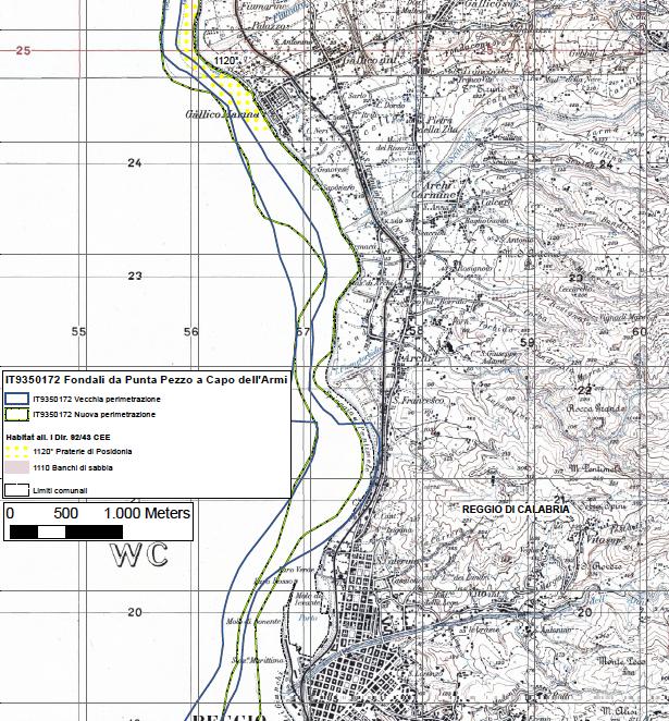 Figura 3 - Stralcio carta degli Habitat del SIC IT9350172 - Fondali da Punta Pezzo a Capo dell'arrmi In rosso individuata l area per la forestazione.