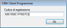 V364 Client Programmer 12. Seleziona Registra il Lettore/scrittore RFID. 13. Inserisci il codice di registrazione copiato, premendo il tato destro del mouse, poi Incolla (Ctrl+V da tastiera).