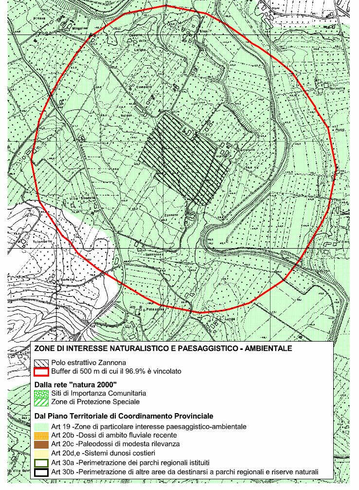 Zannona (Faenza) - ELEMENTI SIGNIFICATIVI DEL TERRITORIO, ZONE DI INTERESSE NATURALISTICO, PAESAGGISTICO E AMBIENTALE: 1.457.449 m2 = 96,9 % del buffer 1.500.000 1.457.449 1.457.449 1.125.000 m2 750.