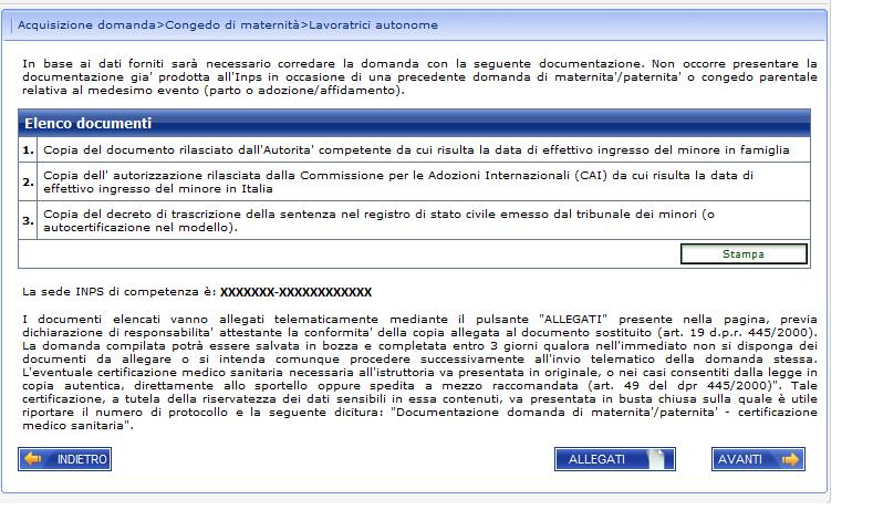 Cliccando sul pulsante Avanti il sistema memorizza i dati in archivio e mostra la successiva pagina Elenco documentazione da allegare. 5.2.