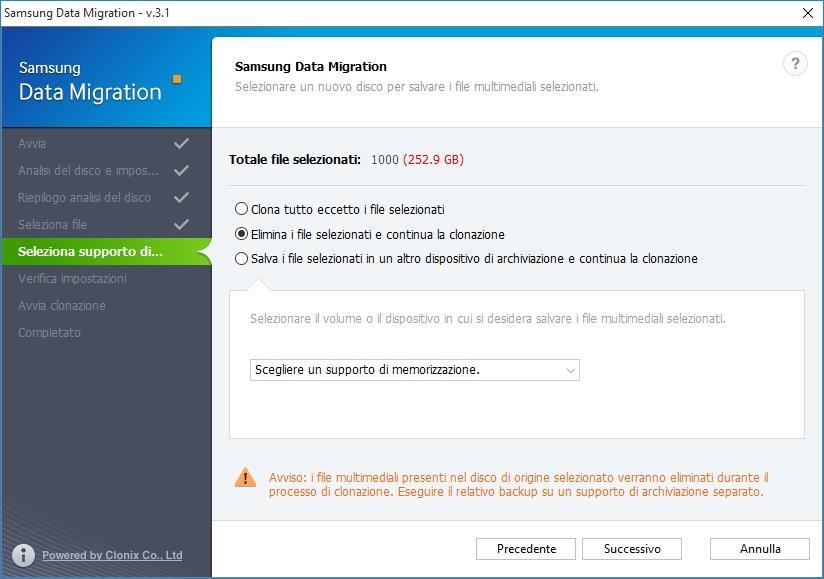 FASE 12. Per escludere i file selezionati e dal processo di clonazione passare alla fase 13. Per eliminare i file selezionati ed eseguire la clonazione di tutti gli altri, passare alla fase 14.