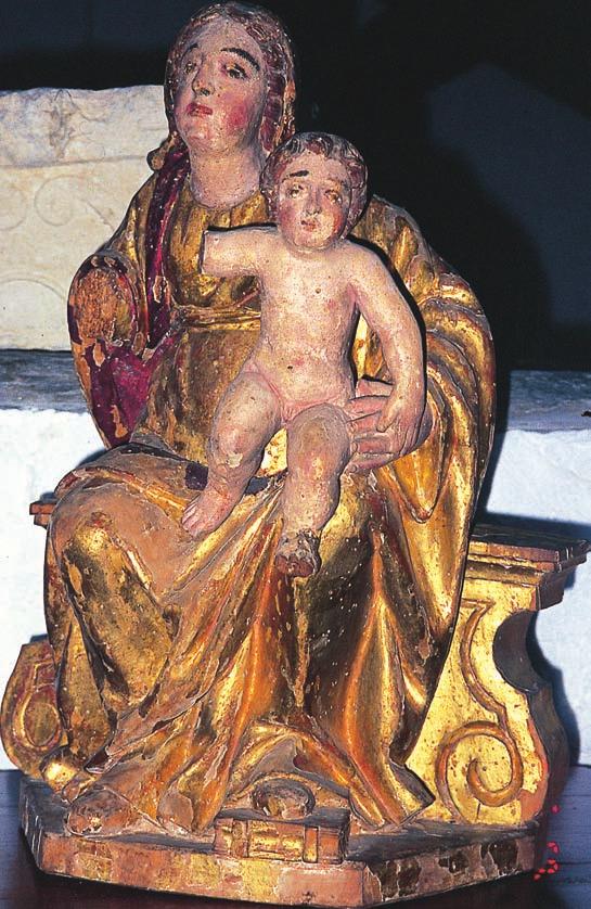 Scultura in legno Madonna con Bambino in trono.