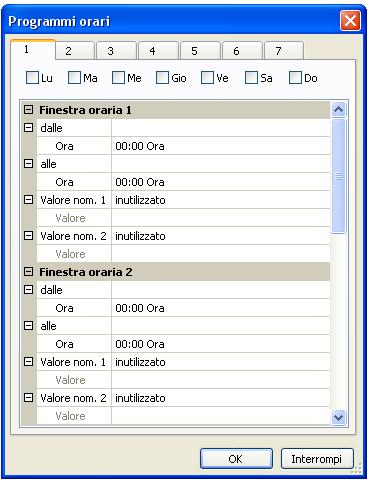 Temporizzatore Sottomenu Programma orario Visualizzazione con 2 valori nominali Per la funzione temporizzatore sono disponibili al massimo 7 programmi orari con rispettivamente 5 finestre