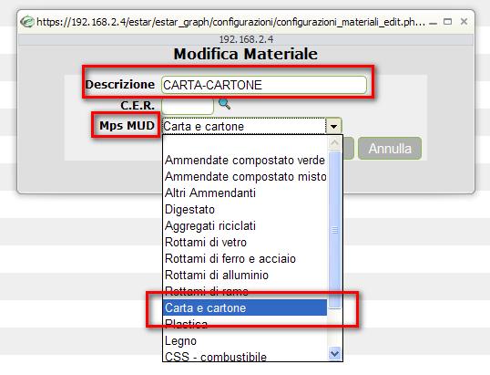 Per esempio se il materiale è CARTA-CARTONE associare nelle Mps MUD Carta e Cartone. Si memorizza il tutto premendo il pulsante Salva.