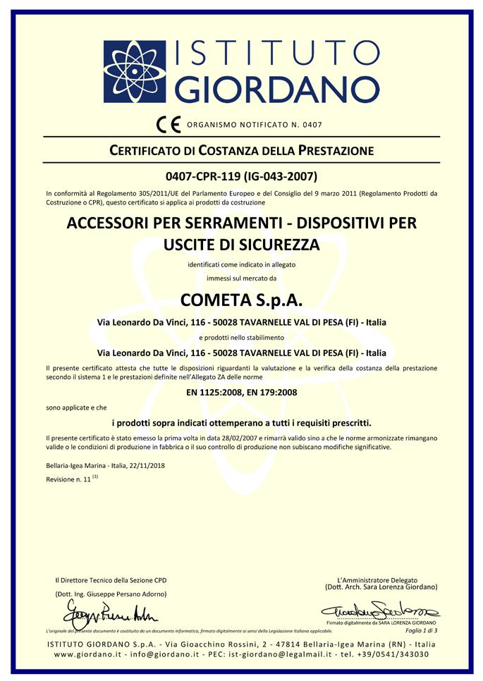 Certificazione / Certification Certificato di Costanza della Prestazione secondo la
