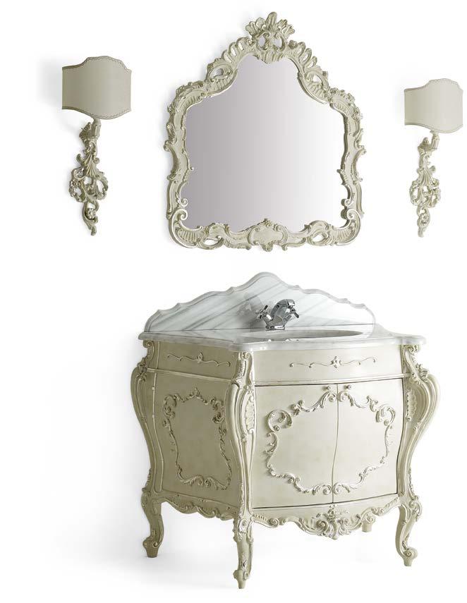 Renoir small Mobile e specchiera in legno con dettagli intagliati a mano finitura grigio perla e argento meccato.