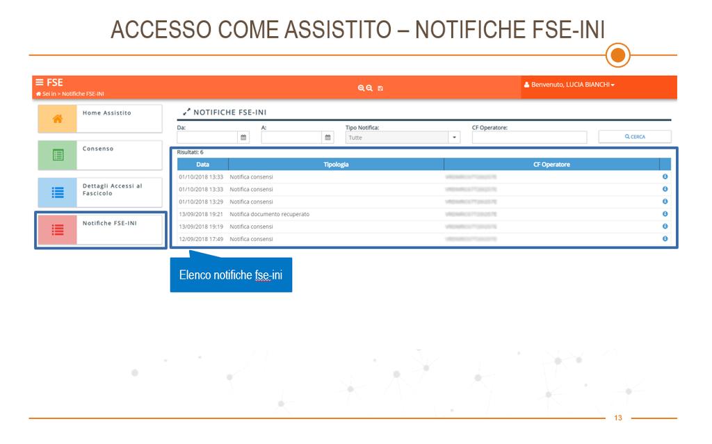 4.4. Notifiche FSE-INI Alla sezione Notifiche FSE-INI vengono mostrate le notifiche riguardanti modifiche ai consensi e le notifiche di recupero di un documento avvenuti in un altro dominio regionale