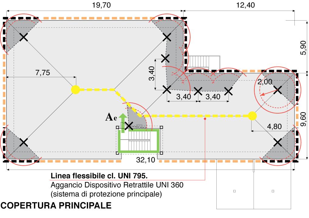 LEGENDA Area con prescrizioni soggetta a rischio particolare Area non Praticabile AREE SOLUZIONE PROGETTUALE I punti di ancoraggio utilizzati come ausiliari per trattenuta in copertura sono posti ad