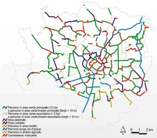 lenta in grado di sfruttare il verde lineare già esistente. Le aree vegetate hanno il duplice ruolo: di verde e di mobilità.