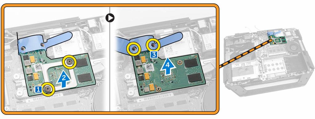 3. Serrare le viti che fissano la scheda di espansione al computer. 4. Instradare i cavi dell'antenna. 5. Collegare i cavi dell'antenna alla scheda docking. 6. Installare: a. coperchio della base b.