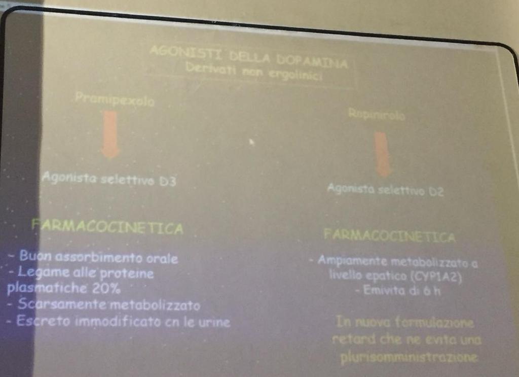 -ROTIGOTINA Ha una struttura simile alla dopamina ma ha una maggiore liposolubilità rispetto agli altri agonisti, viene assorbito per via cutanea, infatti lo si trova sottoforma di cerotto con