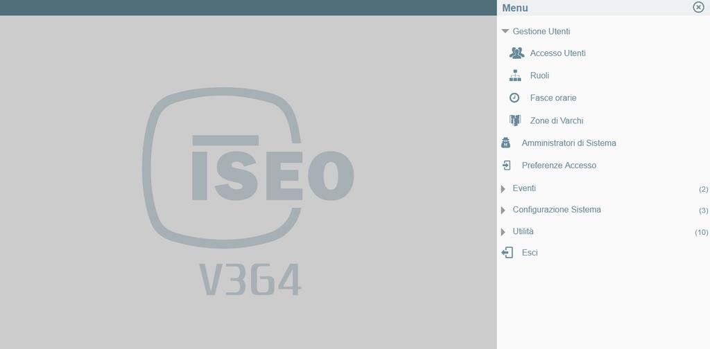Panoramica di sistema Pagina principale Al log in l Amministratore di Sistema vedrà comparire il menu opzioni di V364: V364 fornisce livelli di accesso diversi all utente amministratore a seconda del