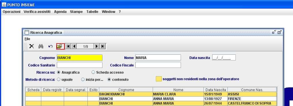 Nel caso il cittadino da ricercare fosse inserito in Anagrafe con un doppio Nome, l operatore deve modificare il Metodo di ricerca selezionando contenuto: Una volta trovato il cittadino d interesse l